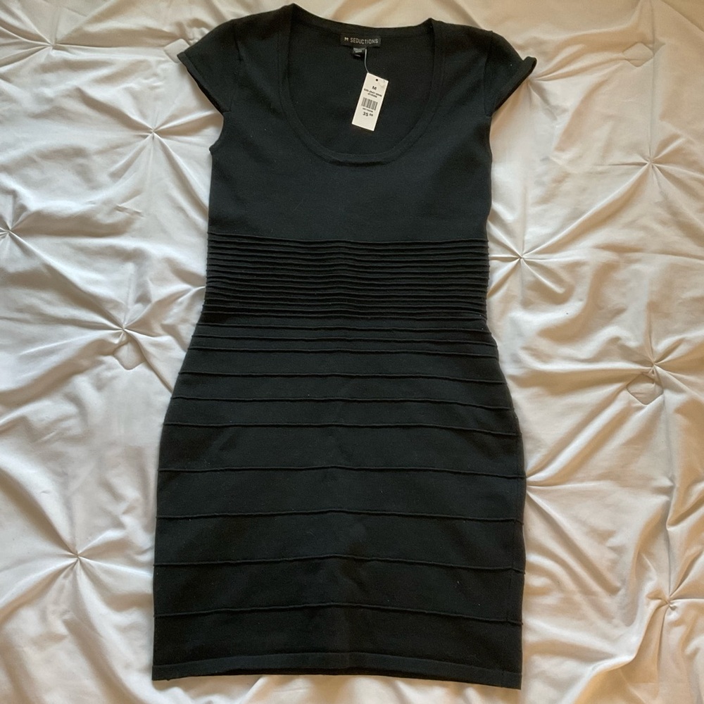 SEDUCTIONS black knit sweater cap sleeve scoop neck dress